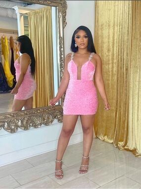 Embellished Pink Sequin Plunge Mini Dress